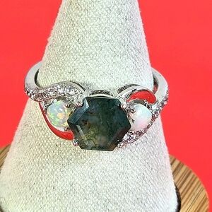 Natural Moss Agate & Opal 925 Sterling Silver Ring Sz 8